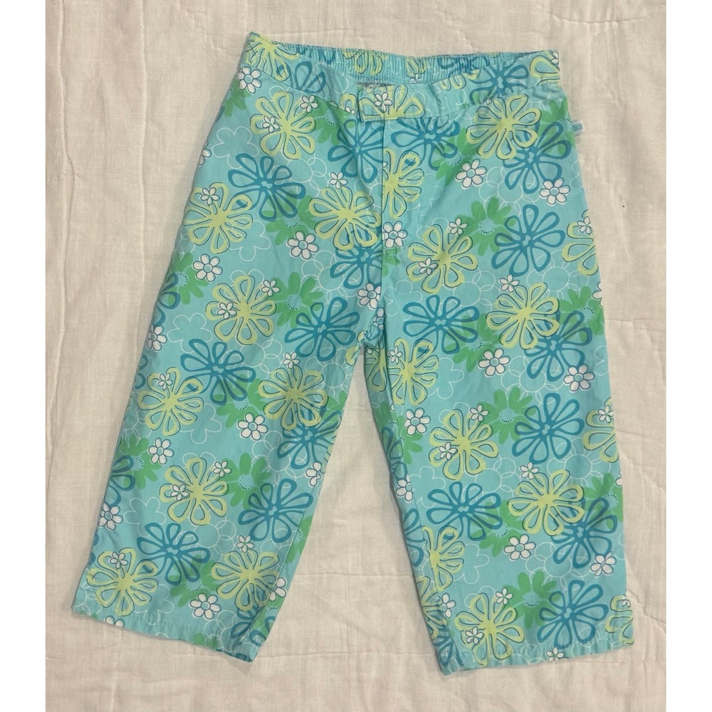 OshKosh Bgosh Kids Teal Floral Daisy Cotton Pants Size 5 Vintage Style Hook Loop